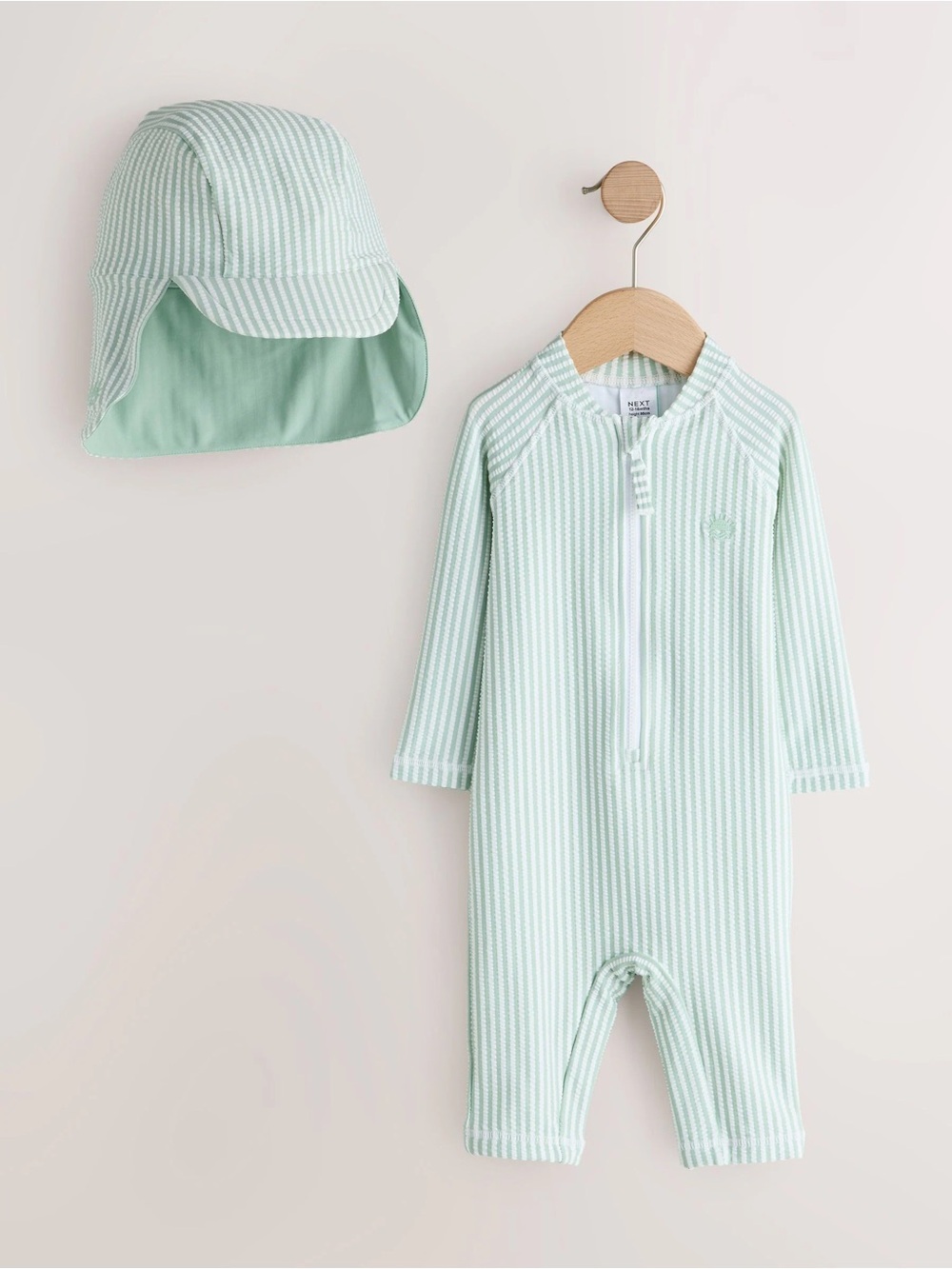 Next Mint Green Striped Sunsafe Swimsuit and Hat Set Size 12/18 Months